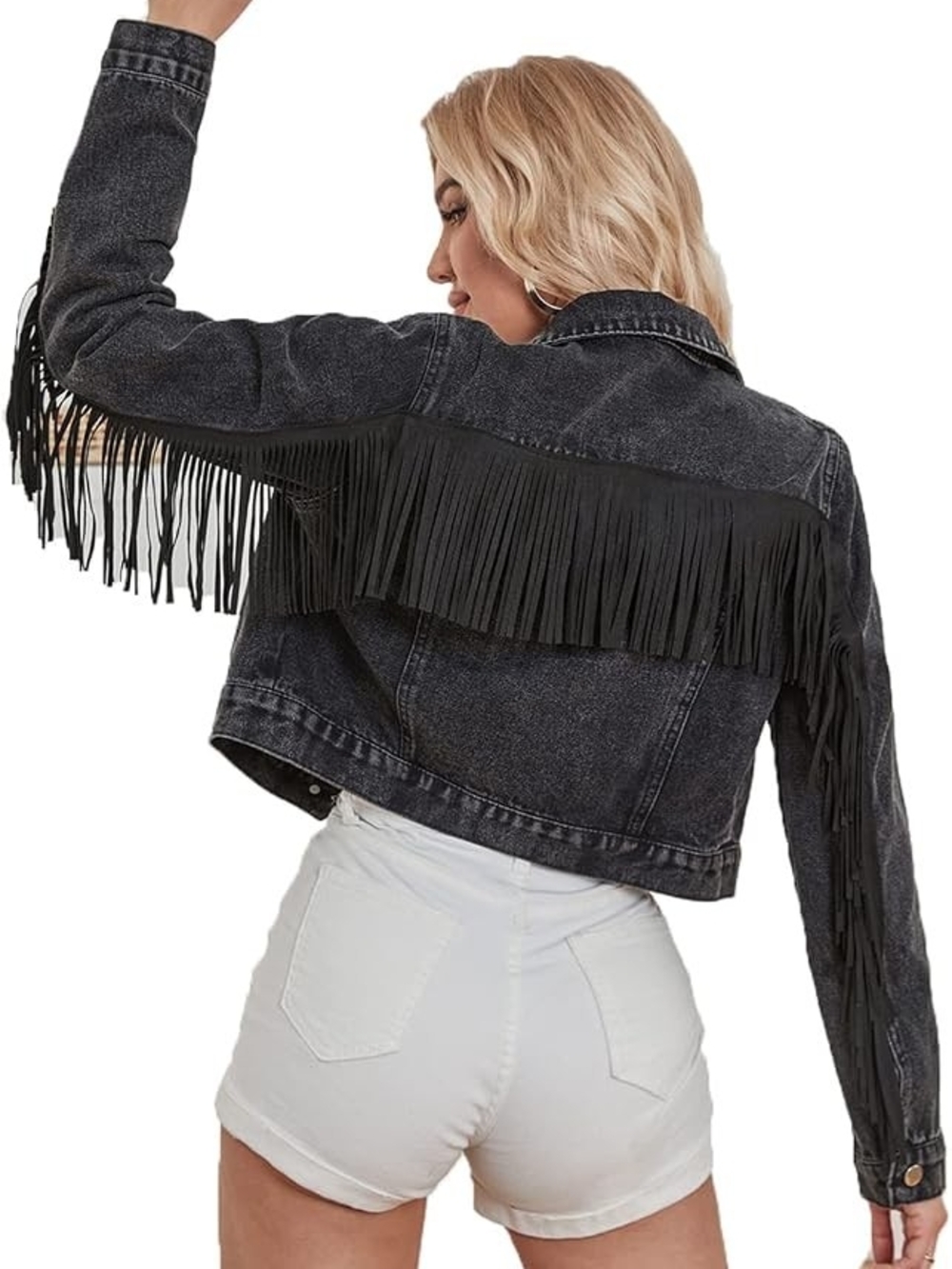 🤠Black Cropped Fringe Denim Jacket, Size M, Western Style READ